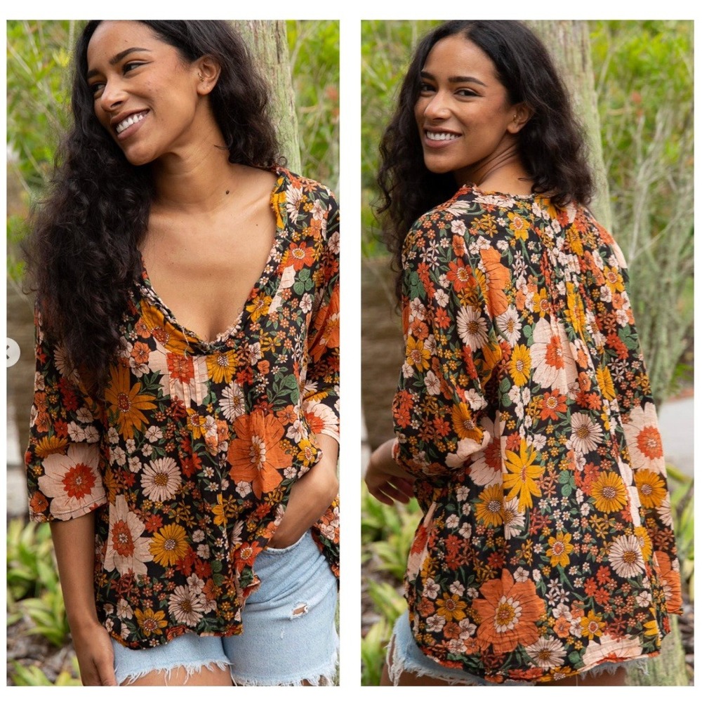 NWT Natural Life Sz S/M Floral Cotton Top Tunic Boho Retro Hippie Peasant Fall